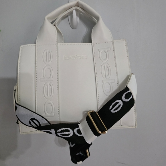 Bebe White Tote Shoulder Bag with Black Strap - Picture 2 of 14